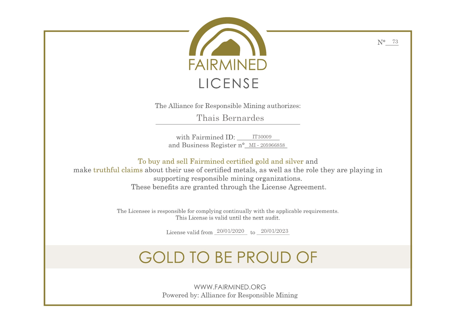 certificato Fairmined Thais Bernardes Gioielli 