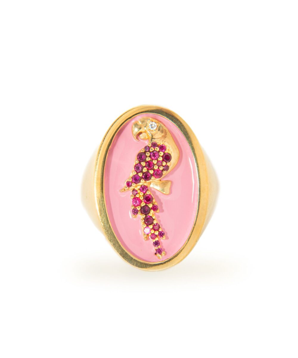 Anello Chevalier Smaltato Rosa e Pietre Rosse
