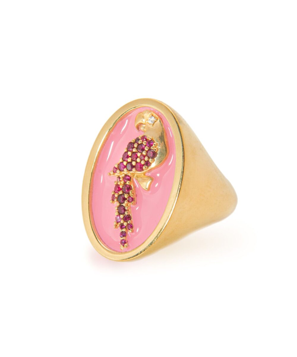 Anello Chevalier Smaltato Rosa e Pietre Rosse - Immagine 2