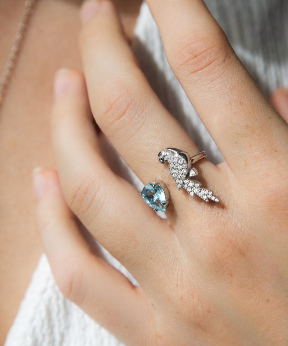 Anello Contrarie Pappagallo  Pietra Topazio Azzurro e Zirconi Bianchi - Immagine 3