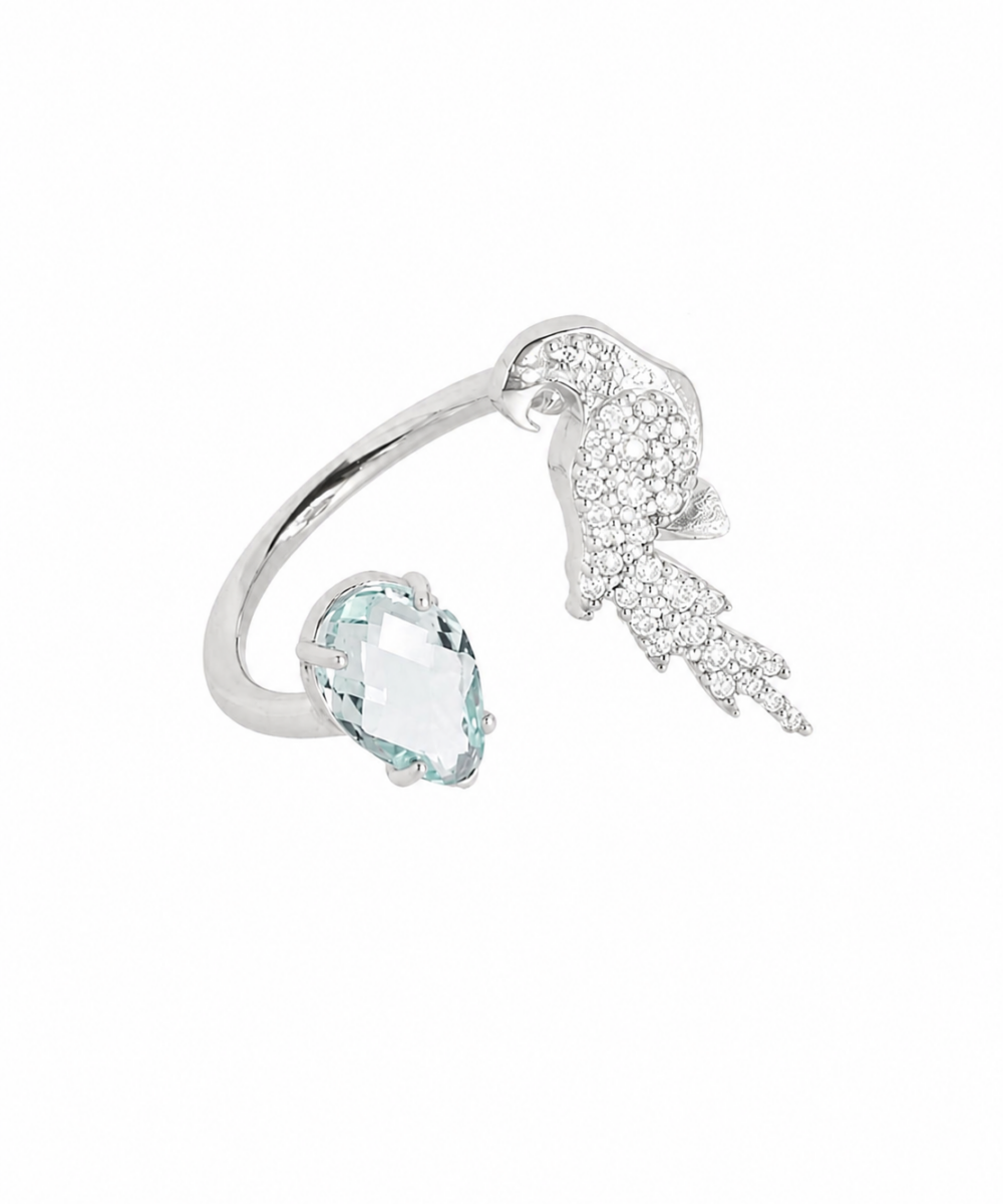 Anello Contrarie Pappagallo  Pietra Topazio Azzurro e Zirconi Bianchi